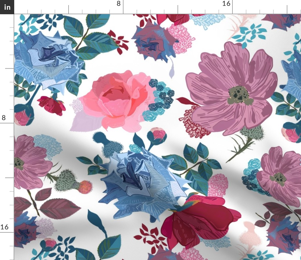 Blue and pink roses cosmos flowers vintage style pattern