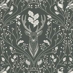 Damask with deer, birds and leaves off white on dark green / olive green / military green - medium scale