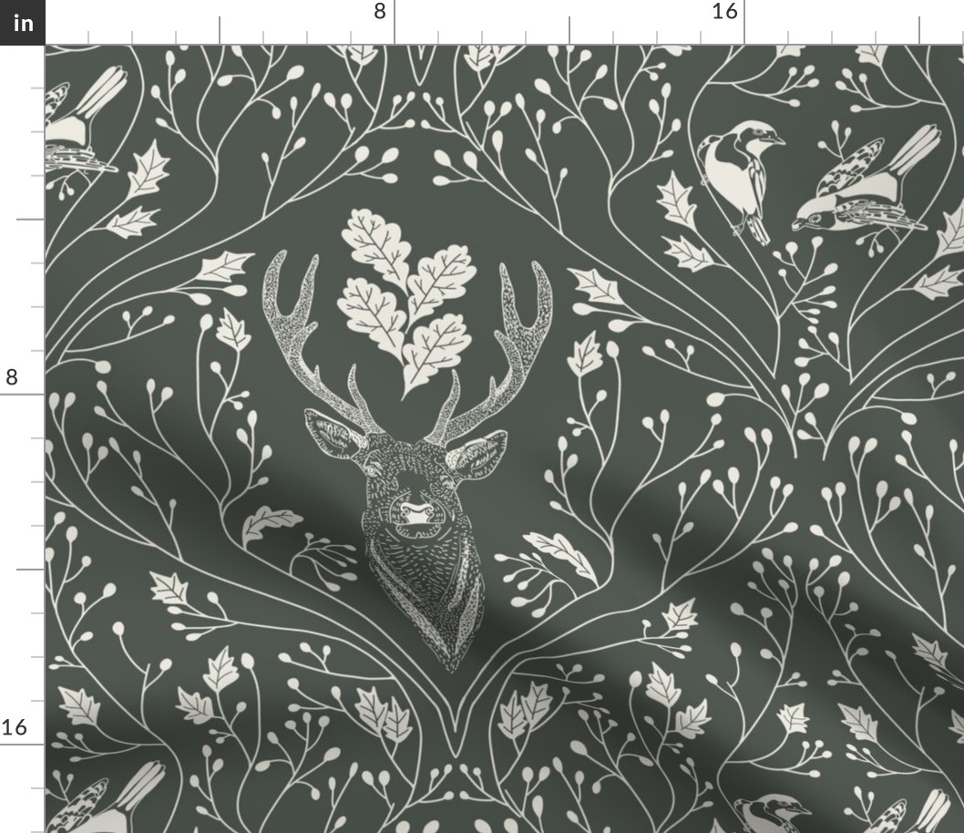 Damask with deer, birds and leaves off white on dark green / olive green / military green - medium scale