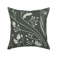 Damask with deer, birds and leaves off white on dark green / olive green / military green - large scale