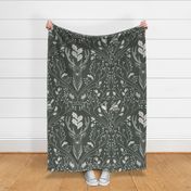 Damask with deer, birds and leaves off white on dark green / olive green / military green - large scale