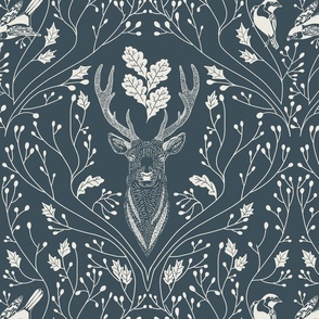 Damask with deer, birds and leaves off white on dark teal blue  - medium scale