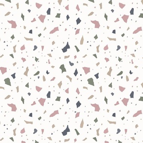 Medium scale Terrazzo pattern in muted green​,​ ochre and pink tones on a white background