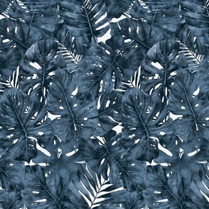 Monstera And Palm Pattern Midnight Blue Smaller Scale