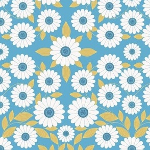 Daisy ornamental pattern design on ocean blue background