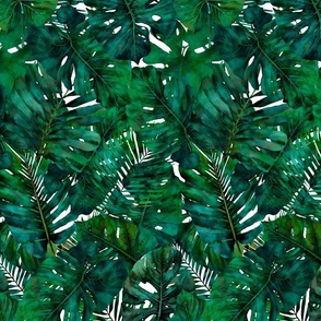 Monstera And Palm Pattern Emerald Green Smaller Scale