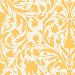 damask with flowers and ornaments. Yellow on off white / Beige - large scale