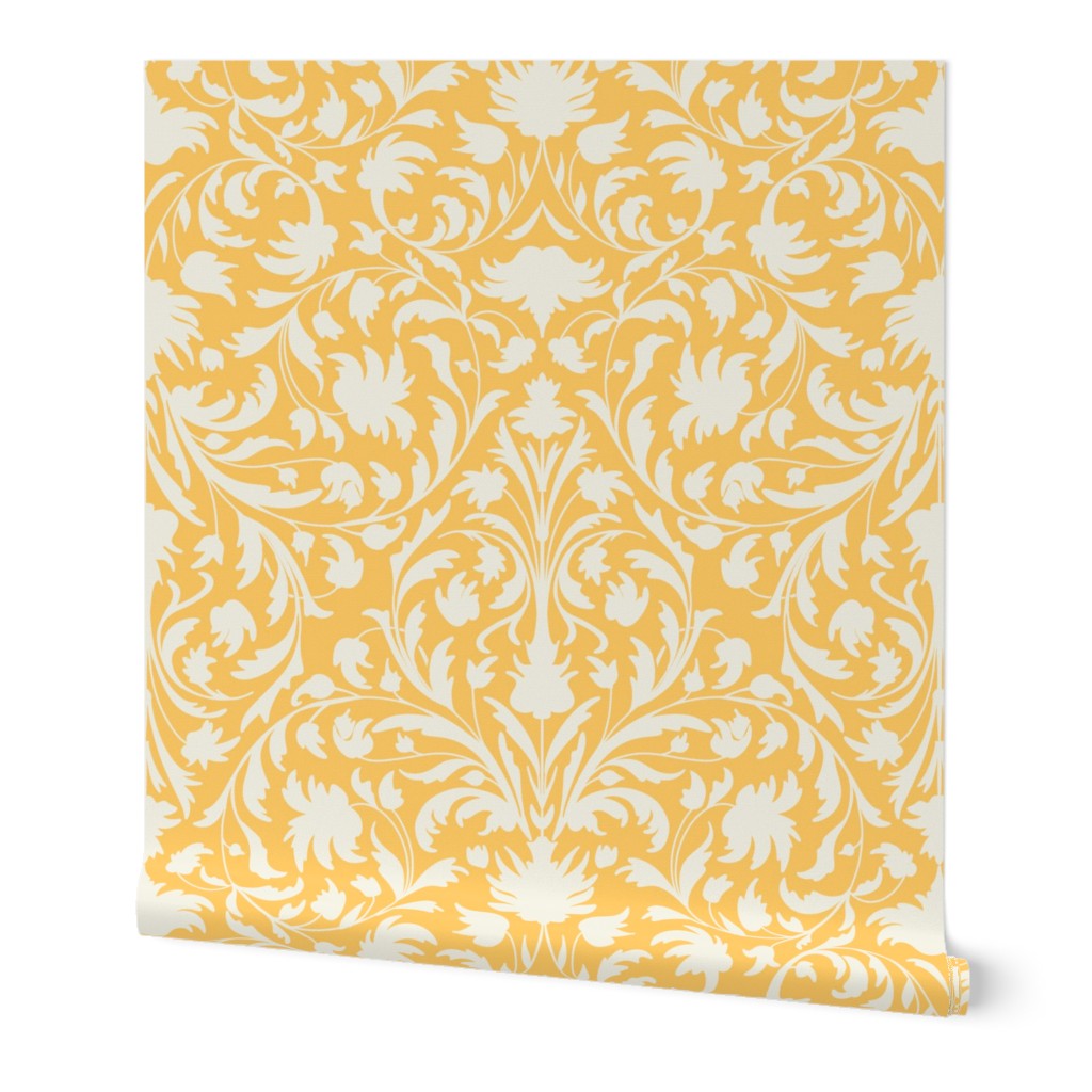 damask with flowers and ornaments. Off White / Beige on Yellow - large scale