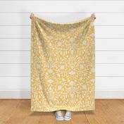 damask with flowers and ornaments. Off White / Beige on Yellow - large scale