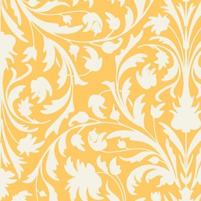 damask with flowers and ornaments. Off White / Beige on Yellow - large scale