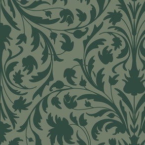damask with flowers and ornaments dark green on sage - large scale