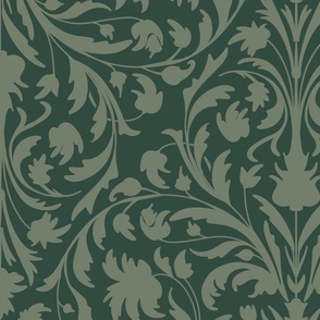 damask with flowers and ornaments sage green on dark green - large scale