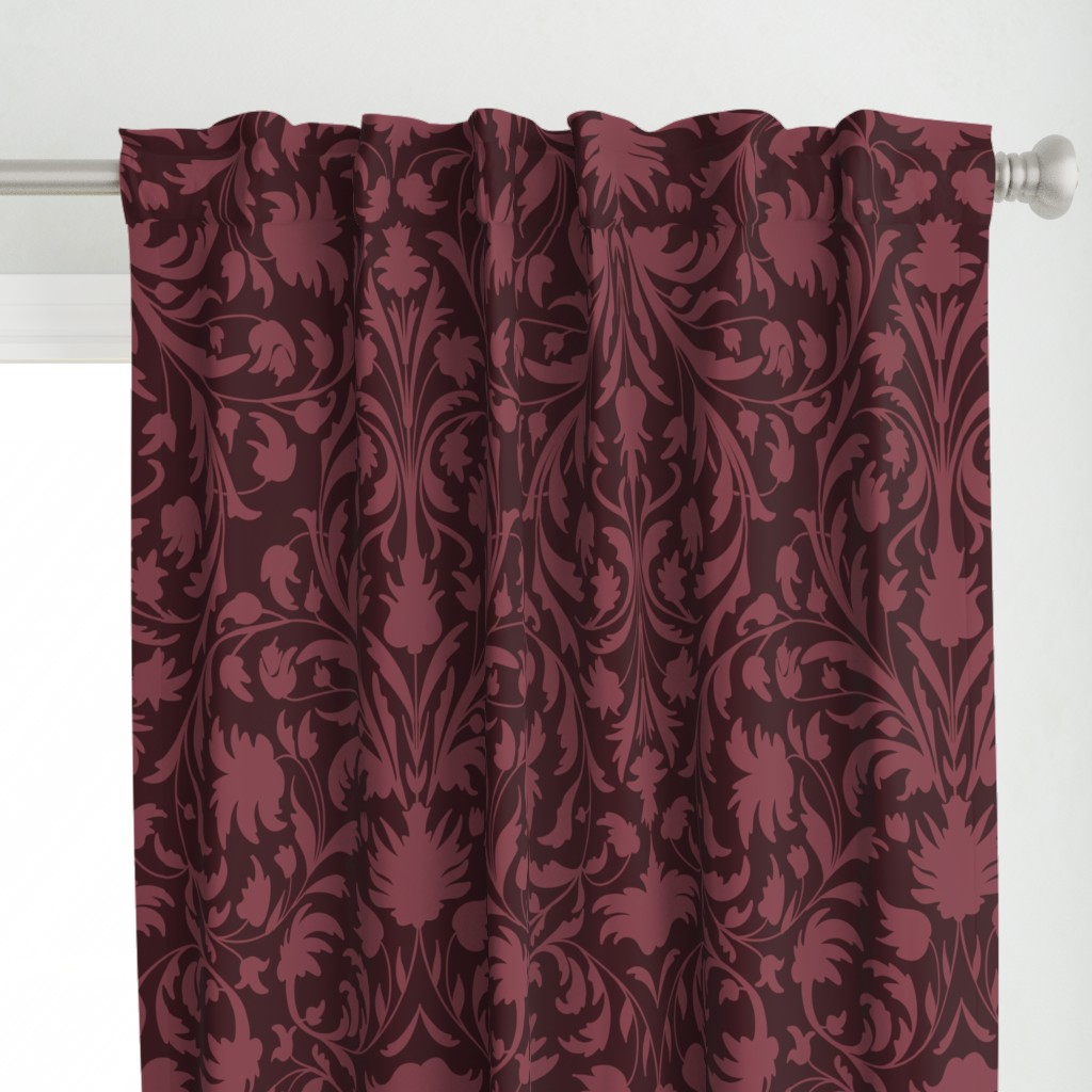 damask with flowers and ornaments Burgundy on Rosewood red - large scale