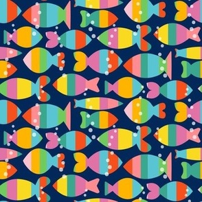 Bright Color Block Stripe Fish and Bubbles on Navy Blue Medium Scale