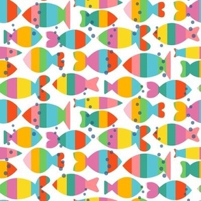 Bright Color Block Stripe Fish and Bubbles on White Medium Scale