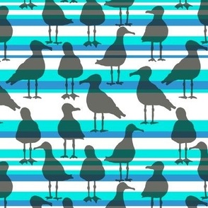 [Small] Seagulls Black on Vibrant Teal Blue Stripes