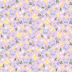 Romantic butterfly garden and daisies - summer blossom meadow design lilac yellow green on pink