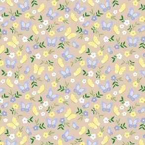 Romantic butterfly garden and daisies - summer blossom meadow design lilac yellow green on tan beige