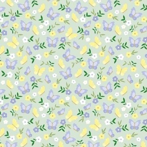 Romantic butterfly garden and daisies - summer blossom meadow design lilac yellow green on mint