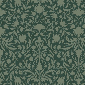 damask with flowers and ornaments sage green on dark green - medium scale