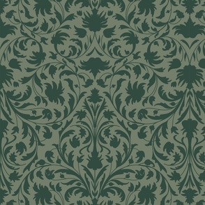 damask with flowers and ornaments dark green on sage - medium scale