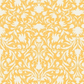 damask with flowers and ornaments. Off white / Beige on Yellow - medium scale