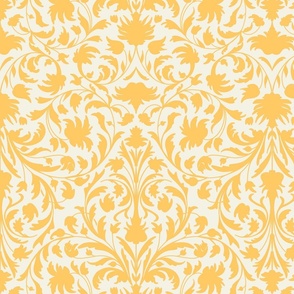 elaborate damask with flowers and intricate ornaments. The colors Yellow on Beige are timeless and beautiful on wallpaper - medium scale