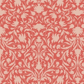 damask with flowers and ornaments blush pink on salmon / coral - medium scale