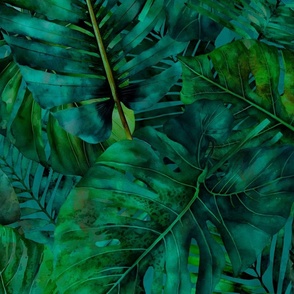 Monstera And Palm Pattern Emerald Green Dark