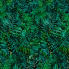 Monstera And Palm Pattern Emerald Green Dark Smaller Scale