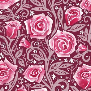Rosy red vines wallpaper scale