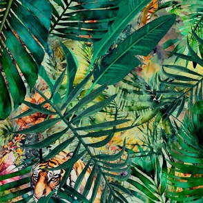 Tigers Hiding In Tropical Paradise Botanical Wildlife Pattern Emerald Green