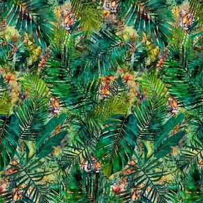 Tigers Hiding In Tropical Paradise Botanical Wildlife Pattern Emerald Green Smaller Scale