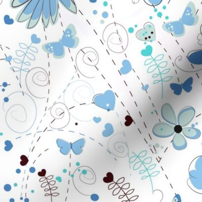 Abstract blue flowers hand drawn elegant pattern