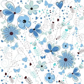 Abstract blue flowers hand drawn elegant pattern