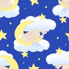 Bunny on Moon Clouds Stars Blue Baby Boy Nursery