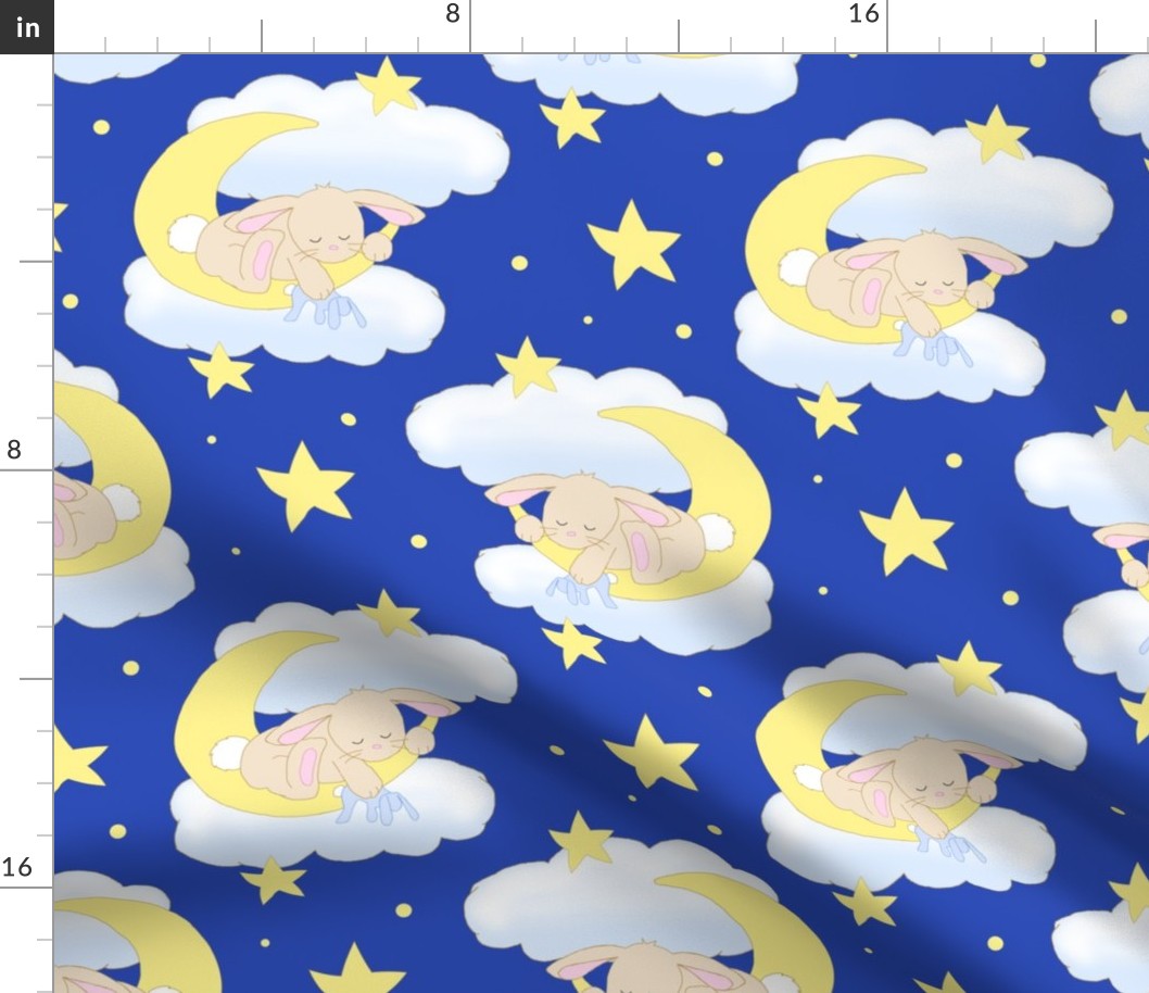 Bunny on Moon Clouds Stars Blue Baby Boy Nursery