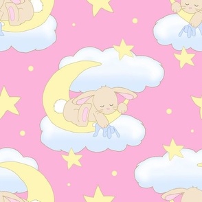 Bunny on Moon Clouds Stars Pink Baby Girl Nursery