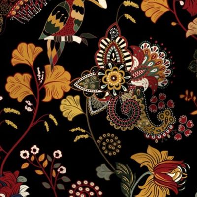 Toucans on Paisley Floral in Gold and Maroon on Black