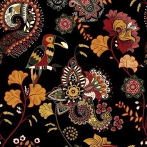 Toucans on Paisley Floral in Gold and Maroon on Black