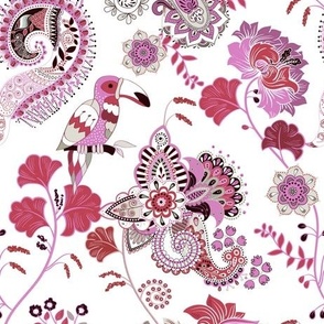Toucans on Paisley Floral in Pink Multi on White