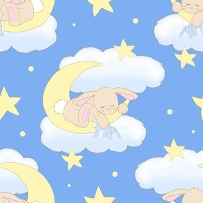 Bunny Moon Clouds Yellow Stars Baby  Boy Nursery Blue