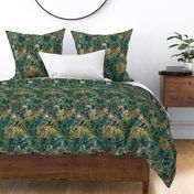Tigers Hiding In Tropical Paradise Botanical Wildlife Pattern Teal Smaller Scale