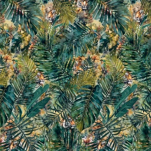 Tigers Hiding In Tropical Paradise Botanical Wildlife Pattern Teal Smaller Scale