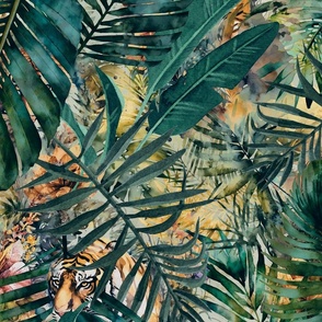 Tigers Hiding In Tropical Paradise Botanical Wildlife Pattern Teal 