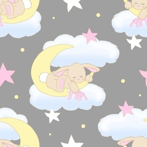 Bunny Moon Clouds Pink Stars Baby Girl Nursery Gray