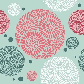 Mid Mod Mix and Match Coordinate - Flower Balls in Pink, Dark Teal, and White on Mint