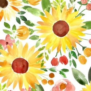 folksy sunflowers on white - large scale