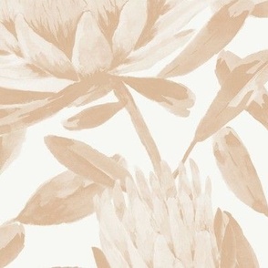 Medium Hand Painted Watercolor White King Proteas in Monochrome Dulux Raw Umber Brown with Antique White USA Background