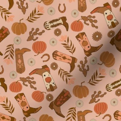 MEDIUM boho neutral fall cowgirl fabric - cowgirl boots pumpkins cute design